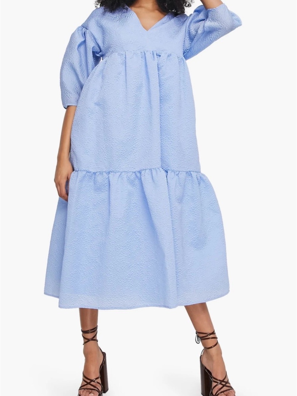 NWT ASOS Edition Jacquard Midi Cocktail Dress Blue Women’s 10 Tiered V-Neck